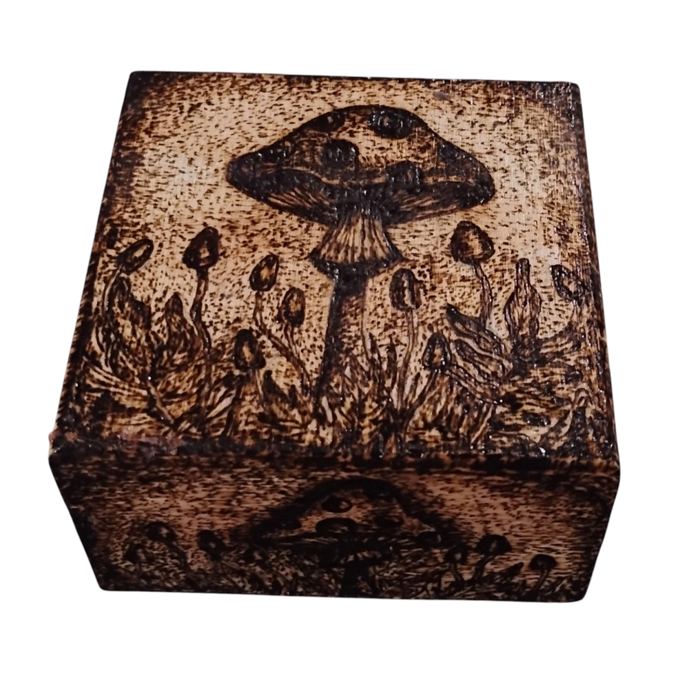Wooden Box with Mushroom Design